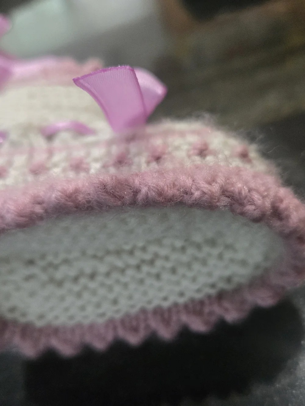 Soft Knit Baby Slippers with Pink Ribbon Accent